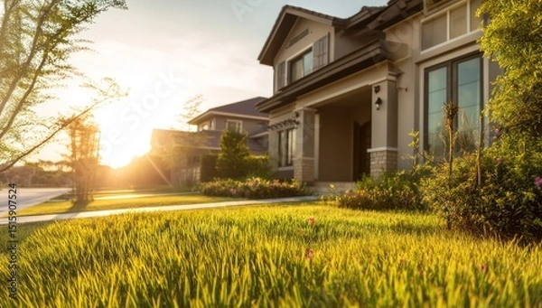Obraz Newly built home with green grass, sunlight, and an inviting modern exterior design.
