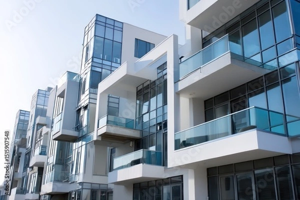 Obraz Exterior of a modern apartment building with a combination of white walls and glass elements.