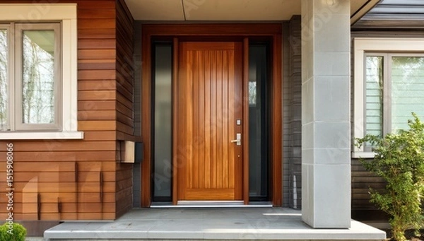 Obraz Fiberglass front door with one sidelite, creating a modern, welcoming entrance to a home.