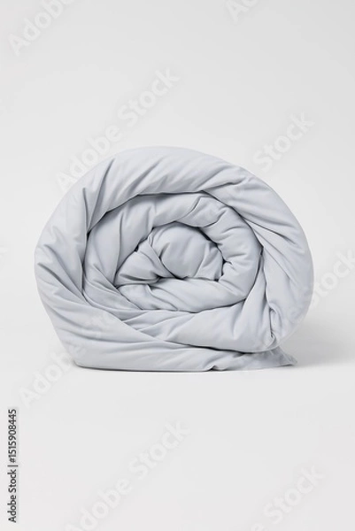 Obraz Studio photo of a light grey comforter rolled tightly into a spiral, placed on a clean white background. The fabric is soft, smooth, and slightly matte, with gentle folds 