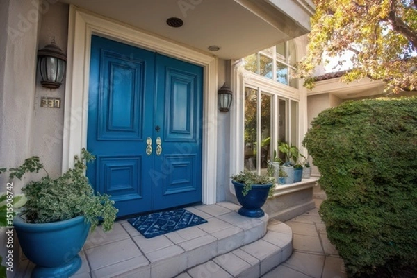 Obraz Blue front entry door enhancing the modern look of a homes exterior with a welcoming touch.