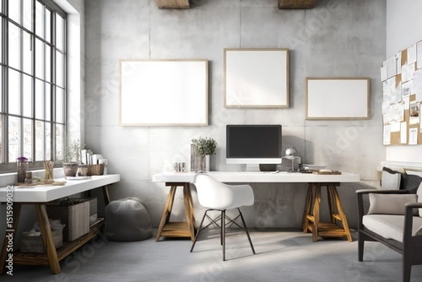Obraz Clean, organized home office with whiteboard frames, concrete walls, and a modern desk setup.