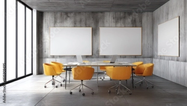 Obraz Efficient meeting room with whiteboard frames, concrete wall features, and contemporary seating.