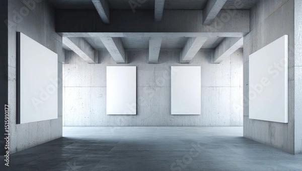 Obraz Smooth concrete walls and blank whiteboard frames make up a functional and minimalist workspace.