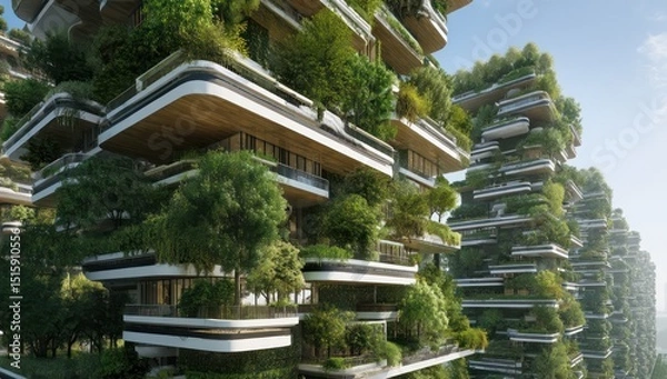 Obraz Futuristic city design with buildings equipped with gardens on balconies for green living.
