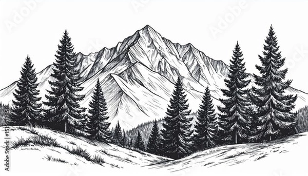 Obraz black and white mountain sketch with pine trees on a hillside landscape, vector illustration