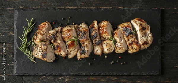 Obraz Four pieces of grilled chicken are outlined on a black slate plate, garnished with rosemary and pink peppercorns