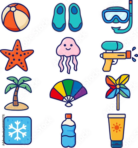 Obraz Summer Vacation Icon Set – Beach Ball, Snorkel, Palm Tree, Sunscreen