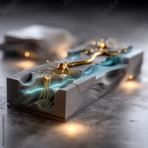Fototapeta Abstract Neuron in Sculpted Block: Teal and Gold Digital Rendering