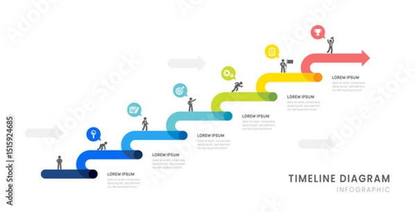 Fototapeta Business roadmap timeline infographic with 6 arrow milestones elements, diagram, and icon, vector.
