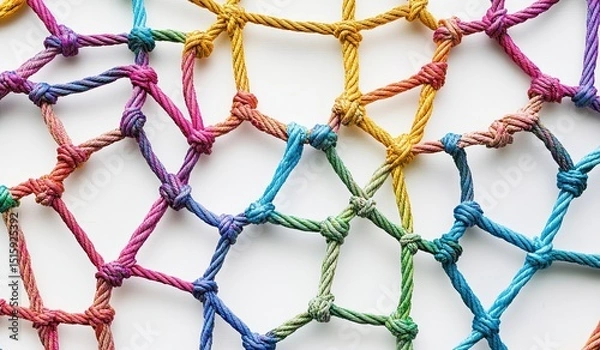 Fototapeta Colorful knotted ropes forming a vibrant net pattern