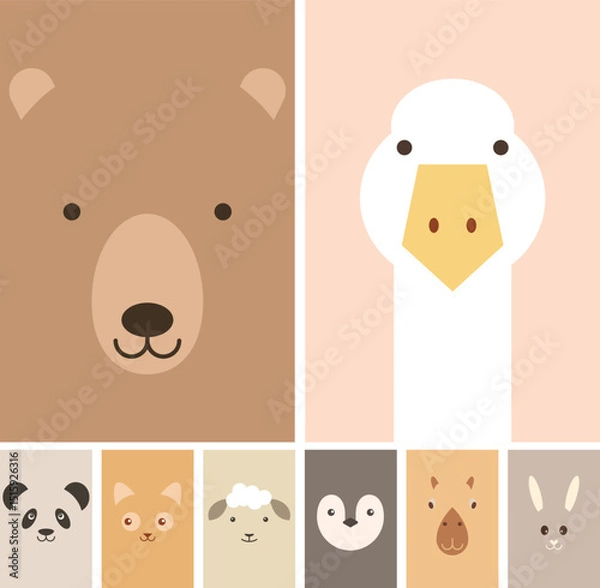 Fototapeta Cartoon cute different faces of animals for baby card, poster, baby shower invitation, nursery wall art, room decoration, printing on fabric, postcard. Vector character set. Picture for applique