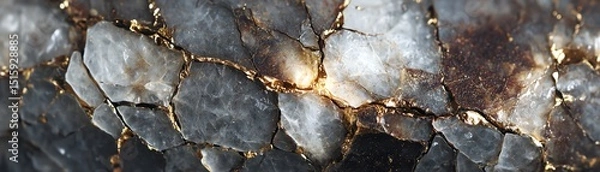 Obraz Close-up of mineral texture with cracks and golden veins on a dark background.