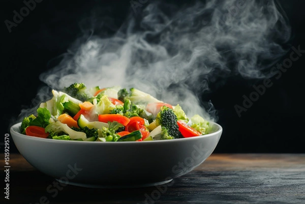 Fototapeta Soft, atmospheric photography of steaming vegetables in a bowl on a black background