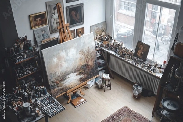 Fototapeta Artistic creative workspace with paintings in a well-lit studio environment