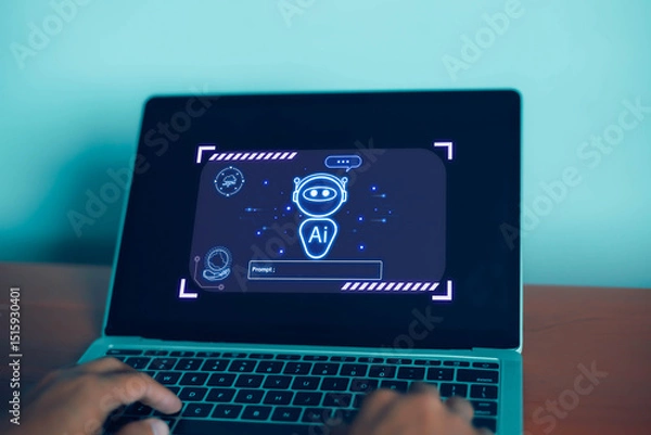 Fototapeta Man using laptop to chat with AI Chatbot Assistant or Artificial Intelligence Technology, Holographic Robot Application and Global Connectivity 