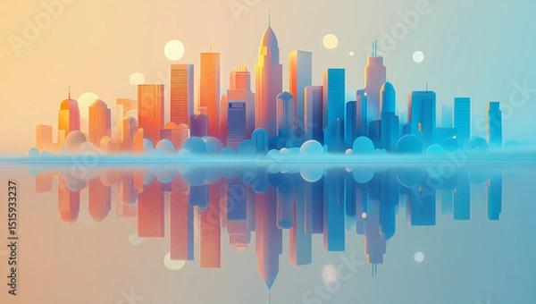 Obraz A vibrant city skyline is mirrored perfectly in calm water at dawn, showcasing tall buildings and a soft color blend of orange and blue lights. Generative AI.