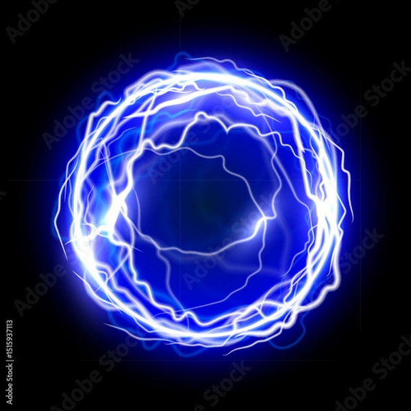 Fototapeta Light energy ball. Glowing blue power sphere with electric lightning effect on black background. Futuristic plasma ball, magic orb, game portal. Abstract vector illustration.