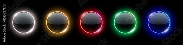 Fototapeta Color neon light round frames with glowing glass surface. Futuristic illuminated buttons. Abstract vector illustrations set for UI design, sci-fi elements, modern tech interfaces.