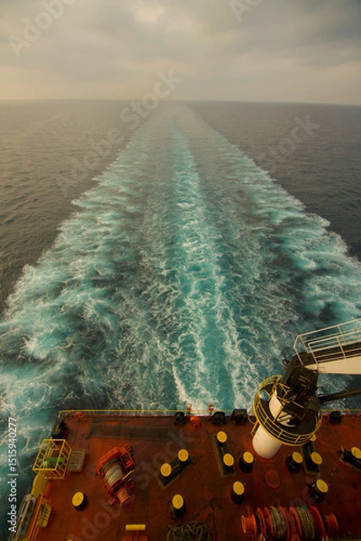 Fototapeta View of the stern of a merchant ship at sea in the morning