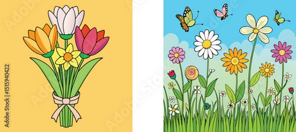 Fototapeta Colorful Cartoon Floral Collection Featuring A Flower Bouquet And A Field Of Flowers