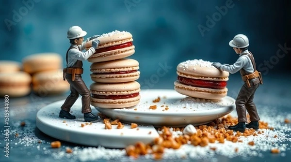 Fototapeta Two men are building a tower of macarons