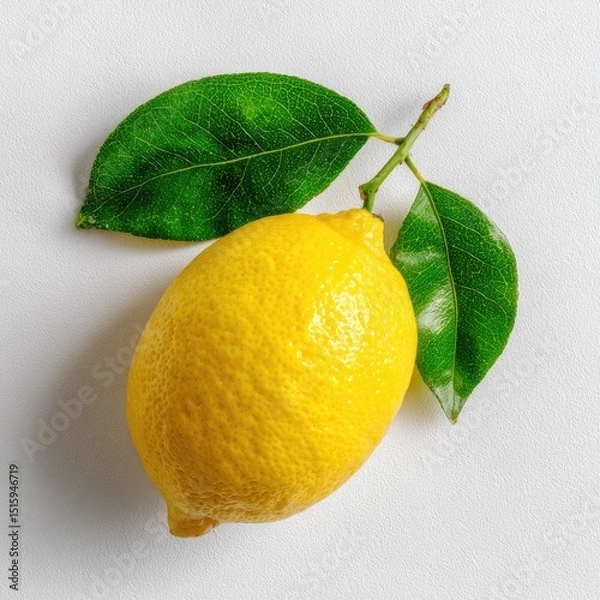 Obraz Fresh lemon with leaves.  A bright yellow lemon, whole, rests on a white surface, with two vibrant green leaves attached to its stem