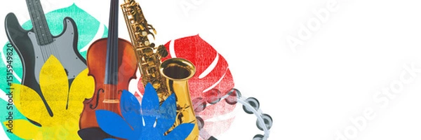 Fototapeta Banner. Conceptual art collage. Instruments bloom from stylized leaves like jungle flora, mixing genres in wild harmony. Music Fusion Garden. Concept of genre mix, creative unity, fusion of sounds