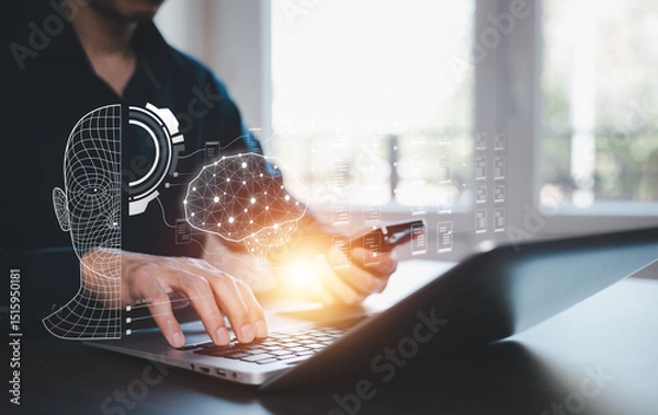 Obraz Deepfake  concept ,Facial tracking, detection and recognition technology, Security system.Cyber security and Security password login online concept