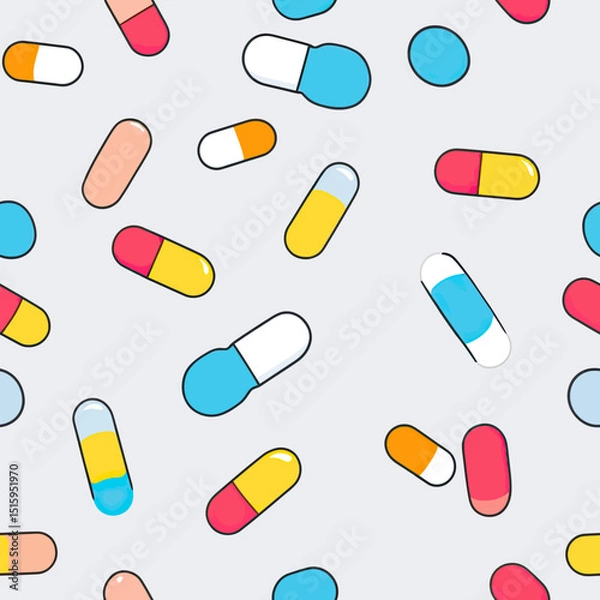 Obraz Seamless pattern of colorful flat minimalist medical capsules and pills in various color combinations on light background for healthcare and pharmaceutical design