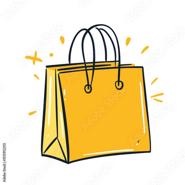 Obraz Yellow shopping bag icon with hand drawn sketch style and decorative sparkles, minimalist doodle of gift or purchase concept vector illustration