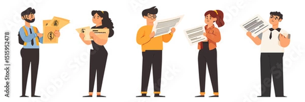 Obraz Group of diverse people holding bills invoices and documents showing financial debt problems stress worry flat cartoon vector illustration