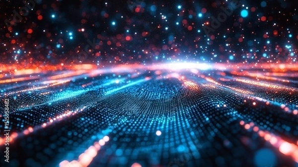 Fototapeta Digital data flow, abstract network, glowing particles, dark background, tech backdrop