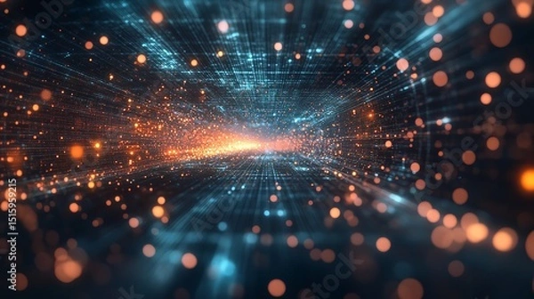 Fototapeta Digital data flow, abstract network, glowing particles, dark background, tech backdrop