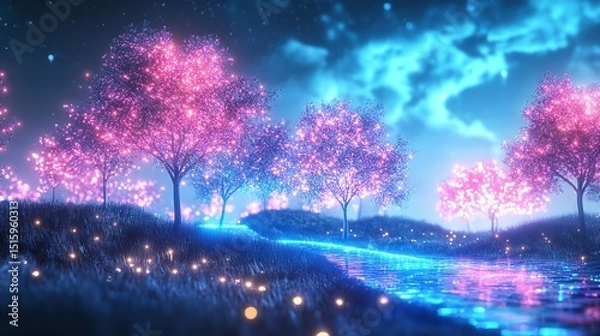 Fototapeta Night forest illuminated with bioluminescent trees under a starry sky