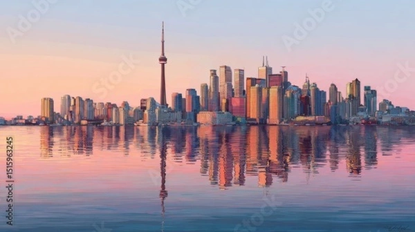 Fototapeta Colorful city skyline reflected in calm water at dawn
