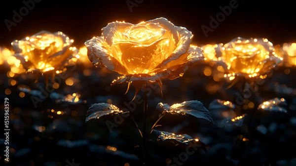 Obraz Golden Illuminated Roses in Bloom Amid a Mystical Dark Background