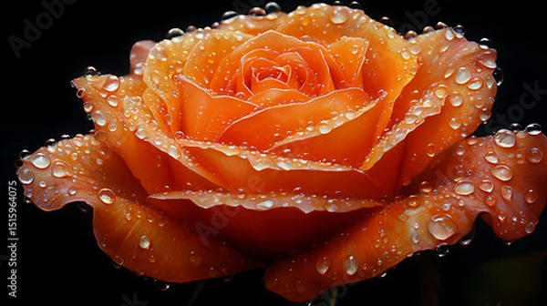 Obraz Close-Up of an Orange Rose Covered in Dew Against a Dark Background