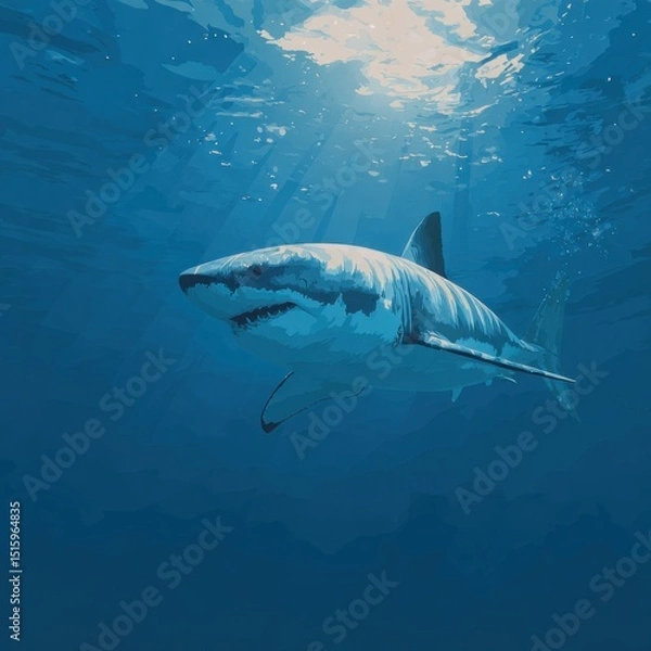 Fototapeta Underwater shark in sunlit deep blue ocean