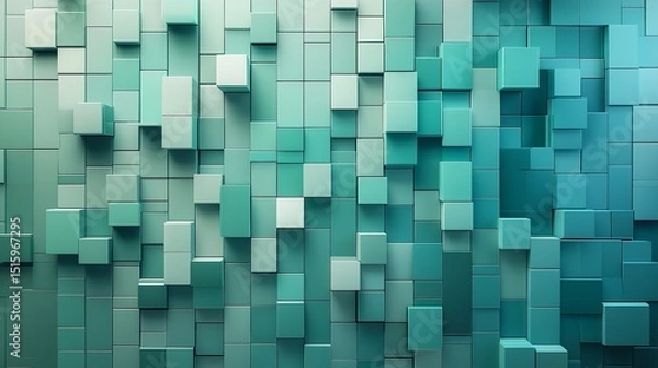 Fototapeta Rectangular green cubes with pattern, set in a wall design
