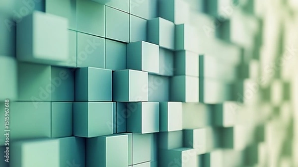 Fototapeta Rectangular green cubes with pattern, set in a wall design