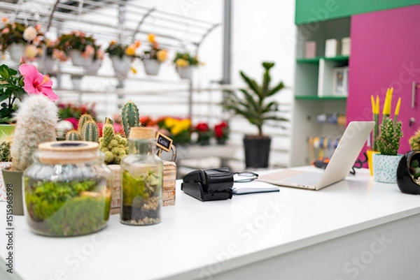 Obraz A beautifully arranged florist shop interior featuring plants, a laptop, and payment equipment on a white table.