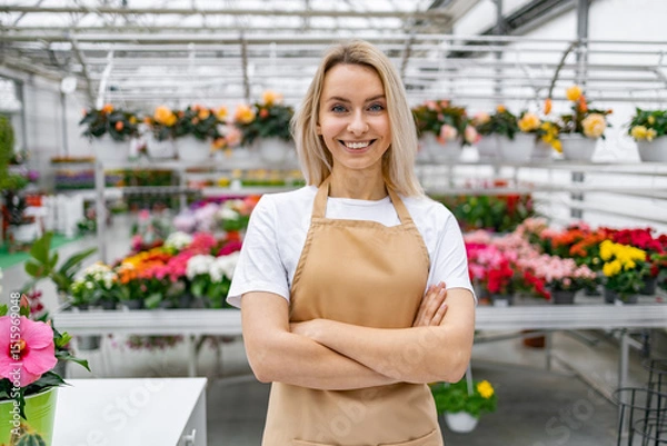 Obraz A smiling florist stands proudly with arms crossed in her shop, surrounded by vibrant blooms and greenery.