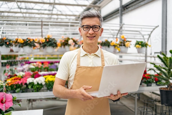 Obraz A florist, holding a laptop, smiles from within his vibrant flower shop, offering a welcoming atmosphere.