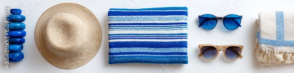 Fototapeta Summer essentials arranged in a flat lay with sunglasses, a beach towel, a hat, and decorative stones