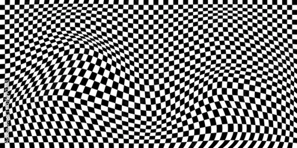 Obraz Warped black and white checkered pattern. Distorted chessboard grid creating an optical illusion effect. Wavy background for retro, psychedelic, visual designs. Abstract vector illustration.