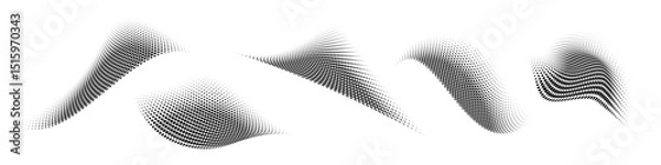Obraz Set of abstract dotted waves. Halftone curved shapes in black color isolated on white background. Curved and twisted gradients forms. Trendy graphic vector illustration.