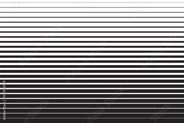 Obraz Black and white striped halftone gradient lines texture. Fading horizontal stripes gradation background from thin to thick. Halftone parallel lines pattern. Vector illustration.