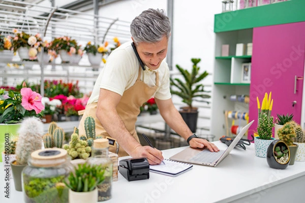 Obraz A Caucasian man in an apron works at the counter of a flower shop, using a laptop and taking notes while on the phone.
