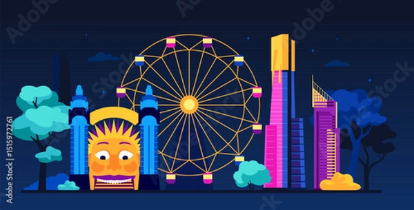 Fototapeta Luna park in the evening - modern colored vector illustration
